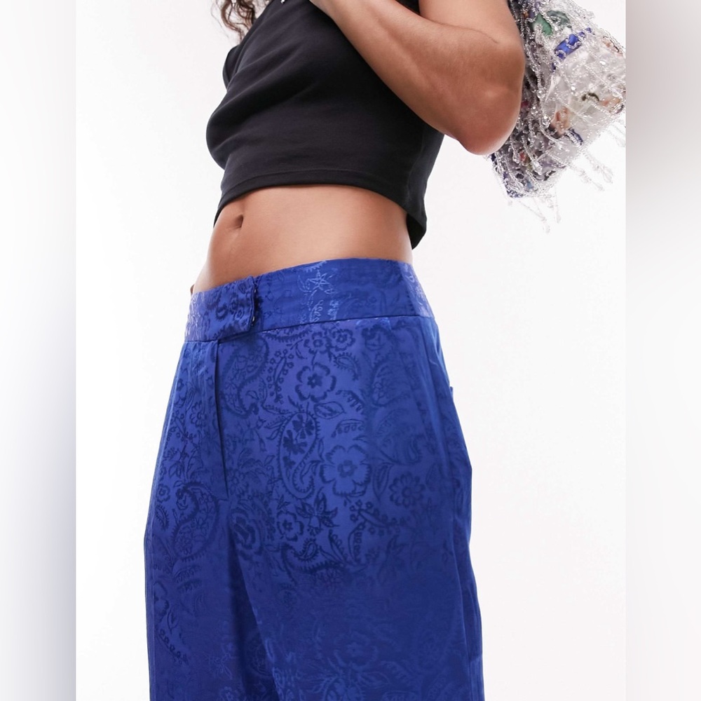 NWT Topshop Jacquard Wide Leg Pants in Cobalt Blue Paisley Print Size US 8 - Picture 4 of 4